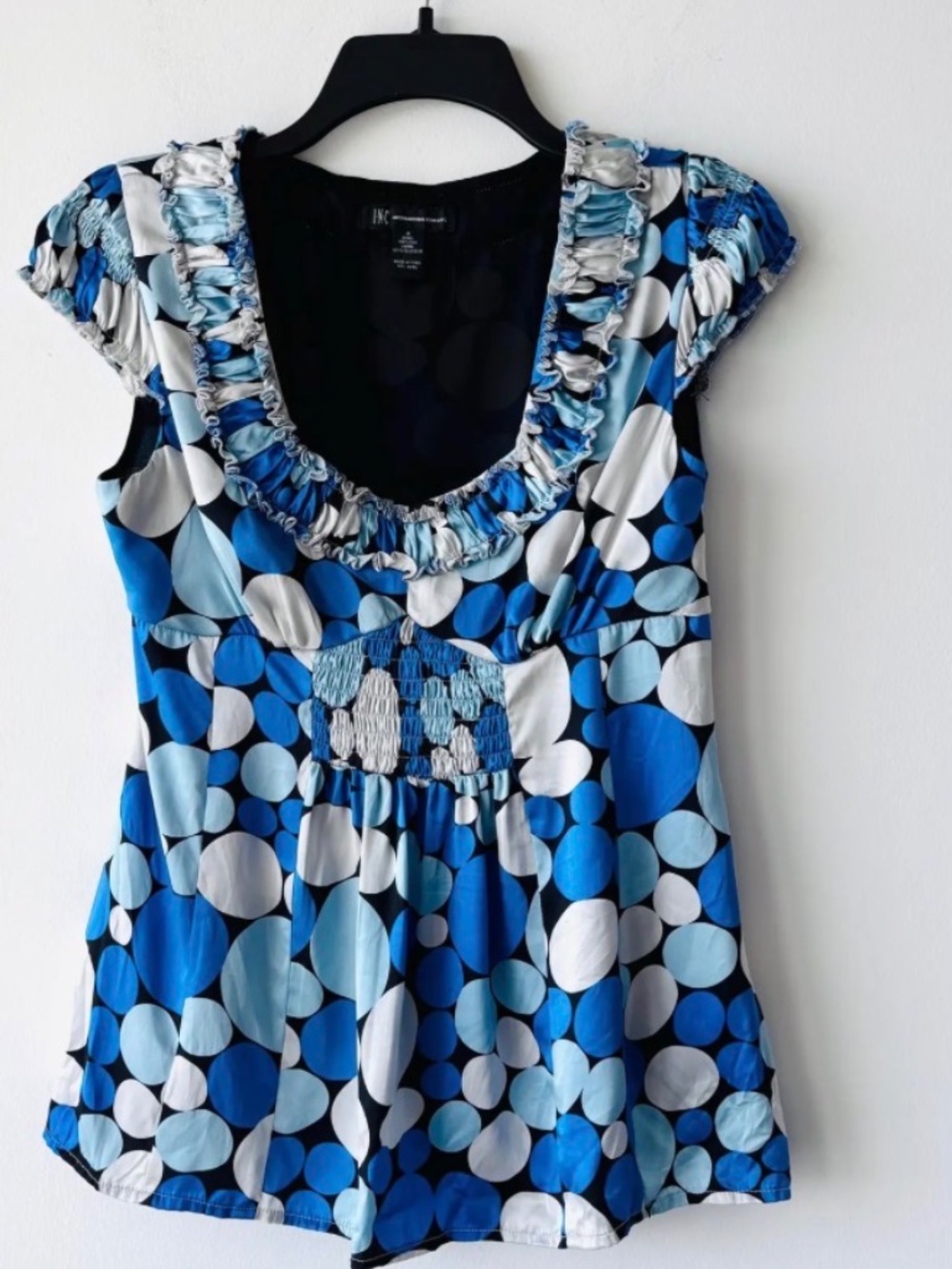 Y2K vintage silk INC  polka dot  multicolor blue top with scoop neck  S 10